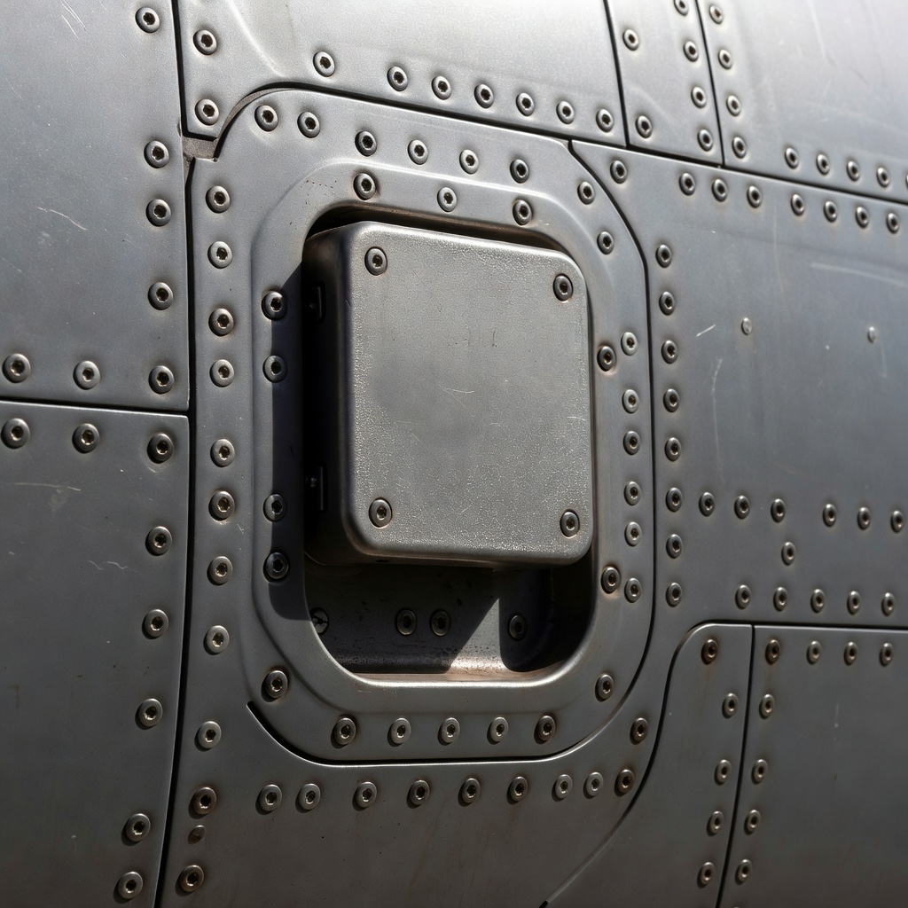 Close-up of an aircraft access door latch, panel seam and surrounding fasteners