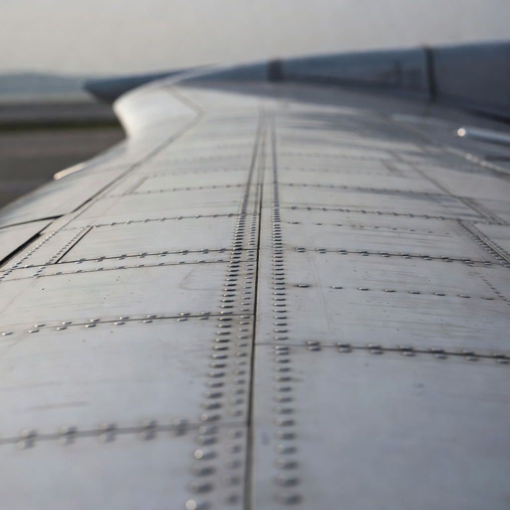 Shallow-focus detail of rivets joining metal aircraft fuselage skin panels