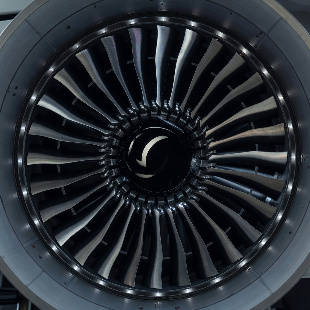 Close-up of curved compressor blades inside an aircraft jet engine assembly