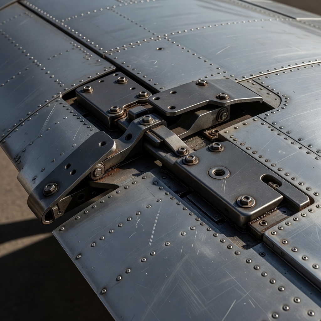 Close-up of an aircraft wing flap hinge and adjacent wing surface